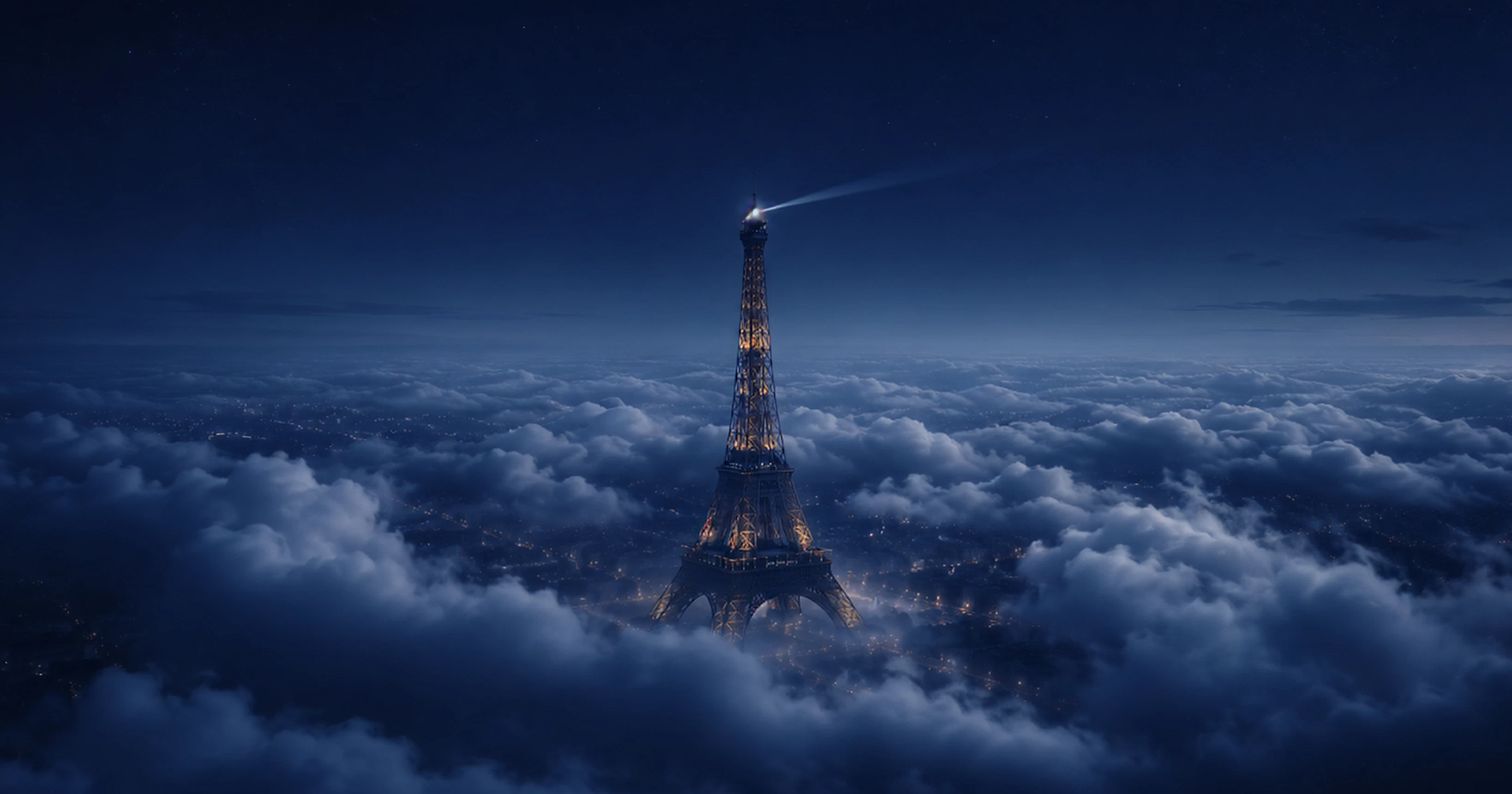 The Eiffel Tower rising above a sea of clouds at night